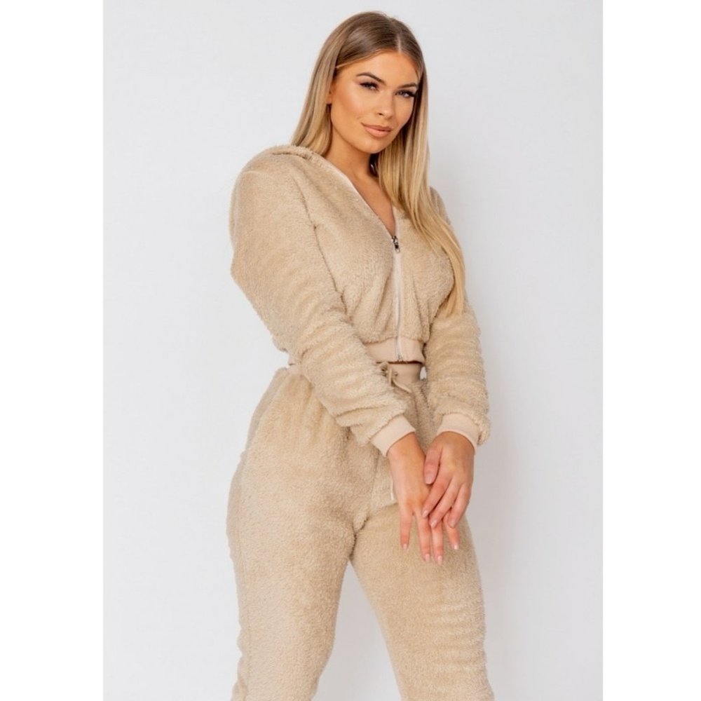 Beige Teddy Bear Fur Long Sleeve Hooded Crop Top and Jogger Pants Two Piece Set - Picture 6 of 11